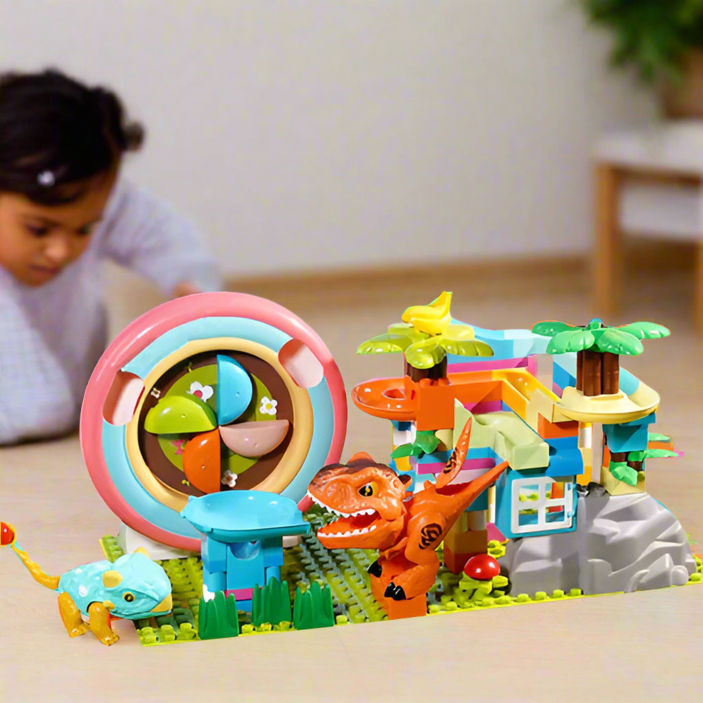 Marble Run Toy Set - Duplo-Compatible Catapult Dinosaur Ball Runs Game in use